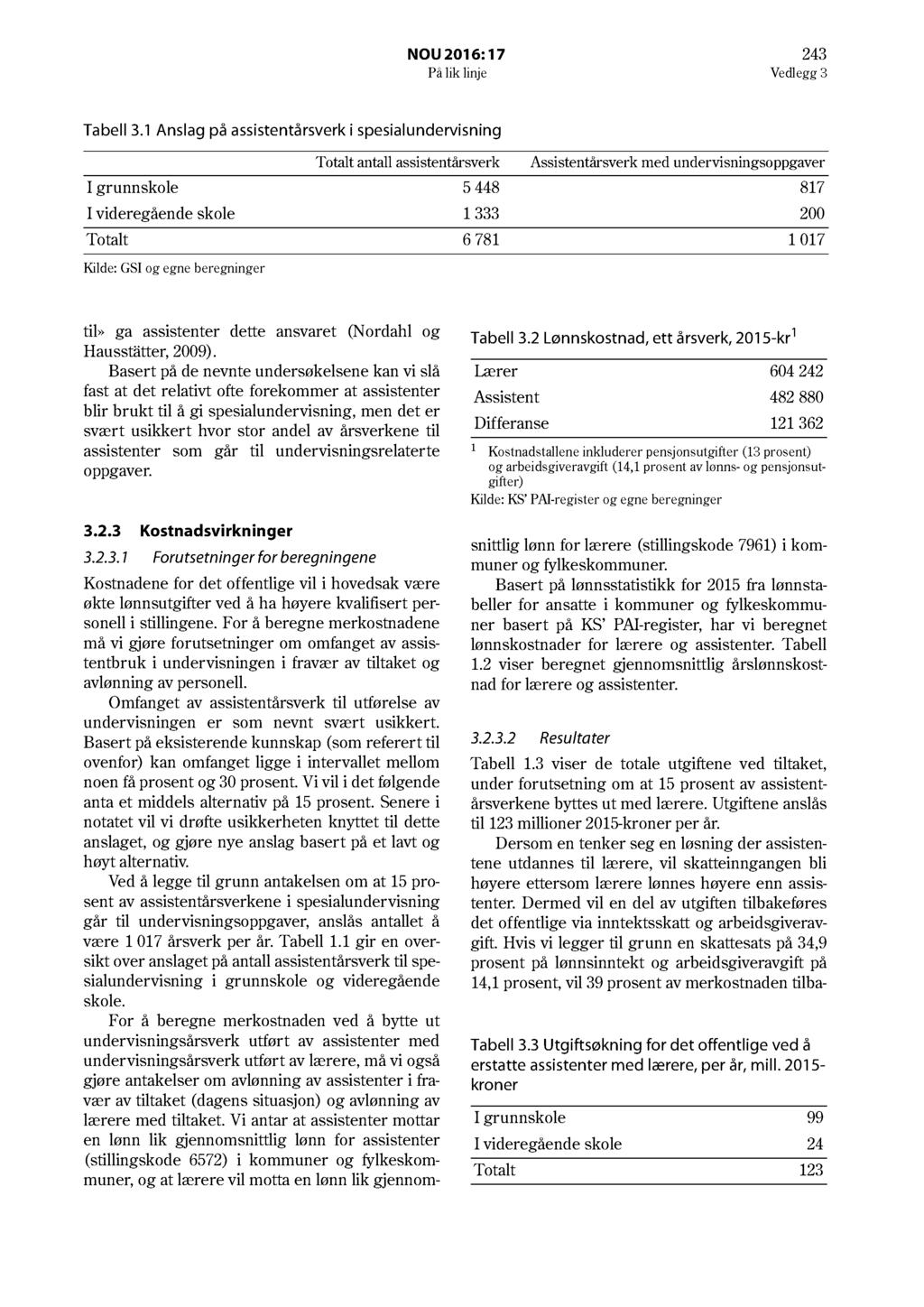 NOU 2016: 17 243 På lik linje Vedlegg 3 Tabell 3.