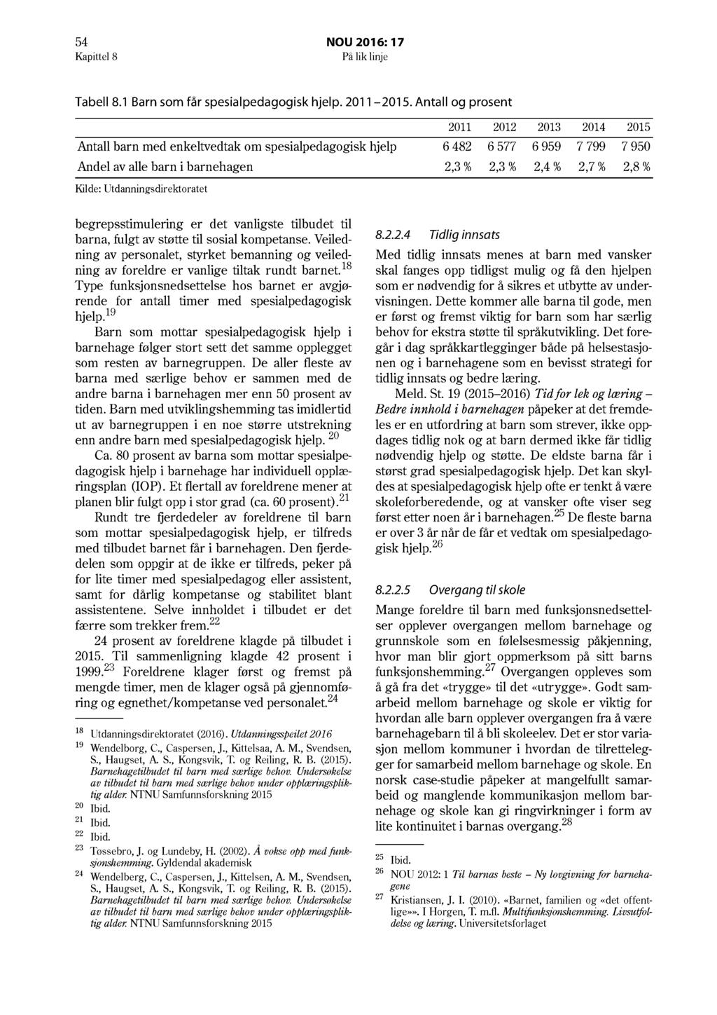54 NOU 2016: 17 Kapittel 8 På lik linje Tabell 8.1 Barn som får spesialpedagogisk hjelp. 2011 2015.