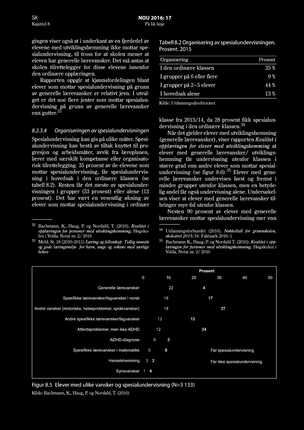 58 NOU 2016: 17 Kapittel 8 På lik linje gingen viser også at i underkant av en fjerdedel av elevene med utviklingshemming ikke mottar spesialundervisning, til tross for at skolen mener at eleven har