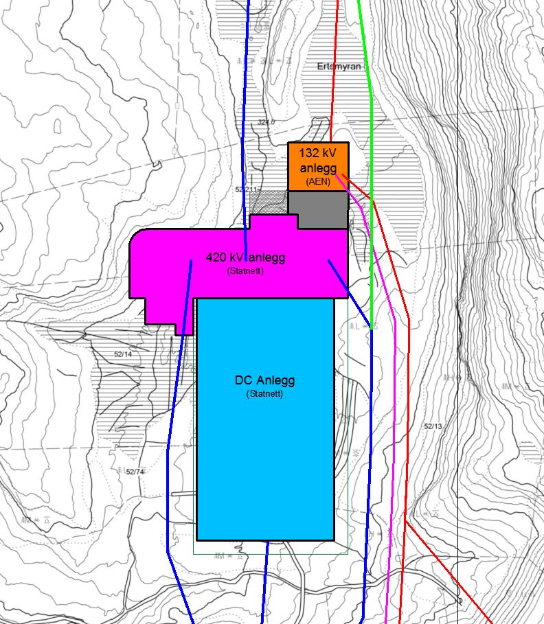 4.2.2 Traséløsninger inn mot Ertsmyra: Etter det JP kjenner til, er endelige planer for Statnetts stasjonsanlegg på Ertsmyra ikke endelig fastlagt.
