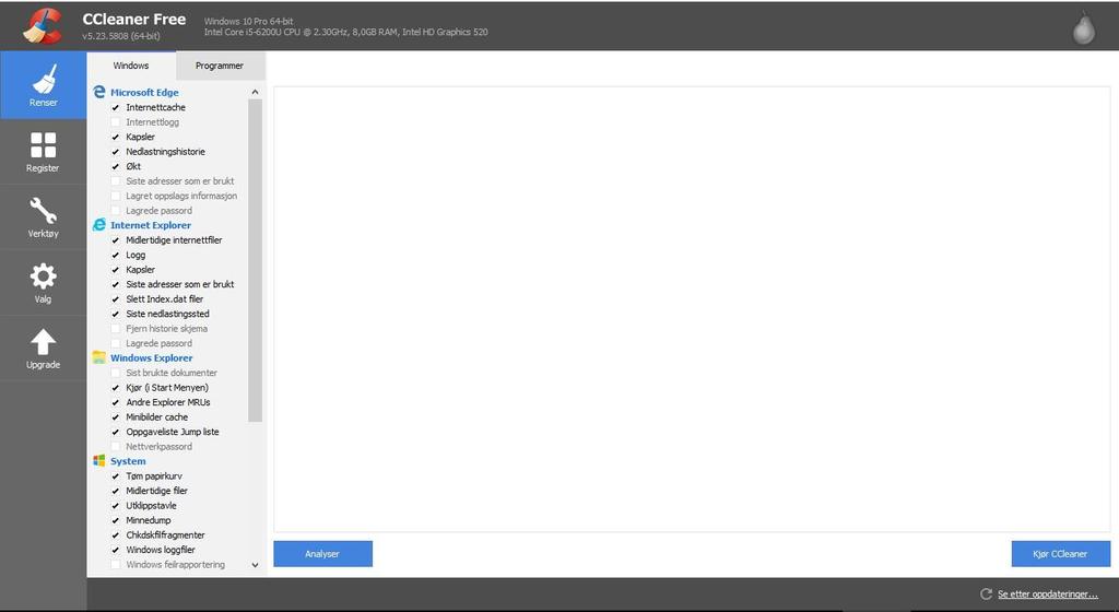 Etter at CCleaner er lastet ned og har startet ser man dette programmet I utgangspunktet kan alle valg som er huket av stå som de står.