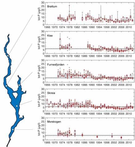 Figur 12. Tidsutviklingen for konsentrasjoner av total-fosfor i Mjøsas øvre vannlag (0-10 m) i perioden mai-oktober. Horisontale grå skraveringer viser fastsatt miljømål for Mjøsa, dvs.