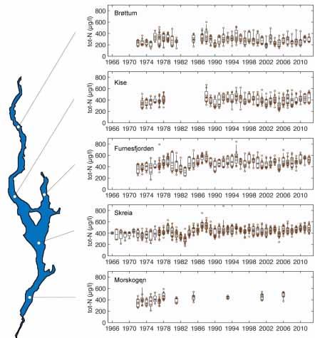 Verdiene for konsentrasjoner av total-nitrogen i de øvre vannlag i vekstsesongen viste relativt store fluktuasjoner særlig i perioden fra ca. 1970 til ca. 1990 (Figur 16).