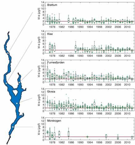 Figur 22. Tidsutvikling for algemengde målt som klorofyll-a i perioden mai-oktober 1972-2012. Rød horisontal linje angir miljømål for Mjøsa, dvs.