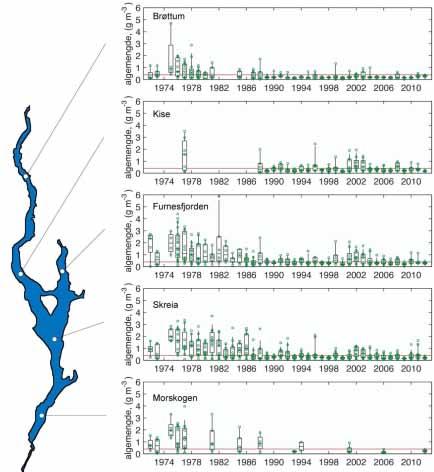 Figur 25. Tidsutviklingen for total mengde (biomasse) av planteplankton i perioden mai-oktober 1972-2012 (gram våtvekt pr. m³).