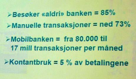 og kontantbruken utgjør 5 % av betalingene. Antallet som benytter mobilen for å logge seg inn i nettbanken har øket fra 1 % i 2010 til 63 % i 2015 og er økende.