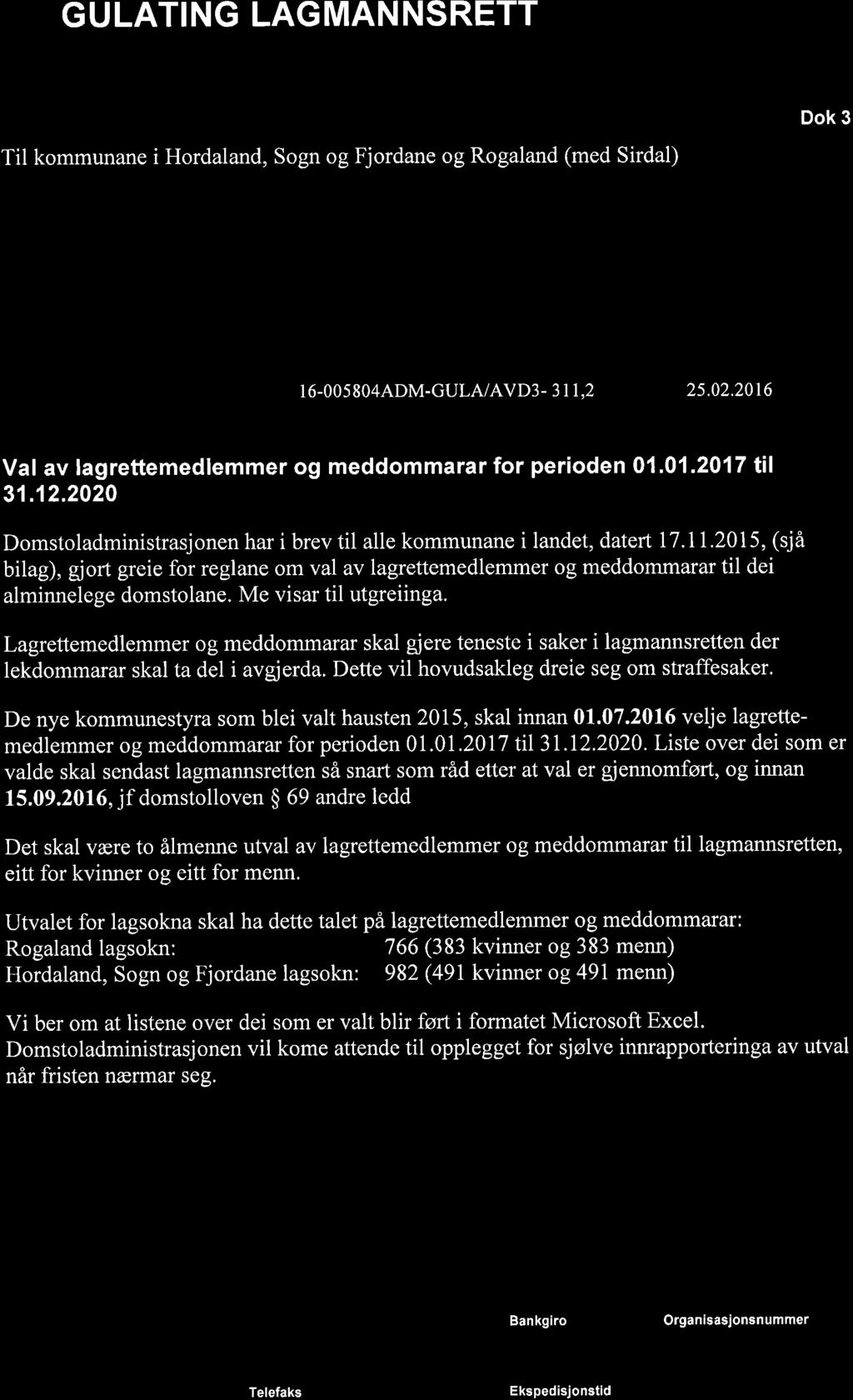 GULATING LAGMANNSRETT Dok 3 Til kommunane i Hordaland, Sogn og Fjordane og Rogaland (med Sirdal) Sendast som e-post Deres referanse Vå referanse Dato I 6-005 804ADM-GULA/AVD3-3 1 1,2 2s.02.