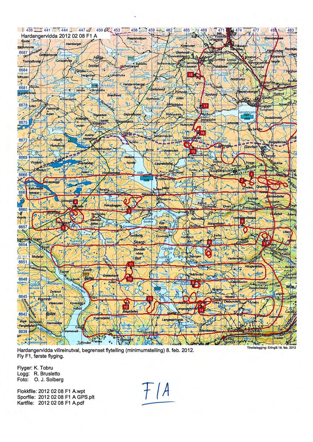 l 43a :::1: 441 "7G4.444 ::. 447Ø 4so Harda rvidda 2012 02 08 F1 A Hardangervidda villreinutval, begrenset flytelling (minimumstelling) 8. feb. 2012. Fly F1, første flyging.