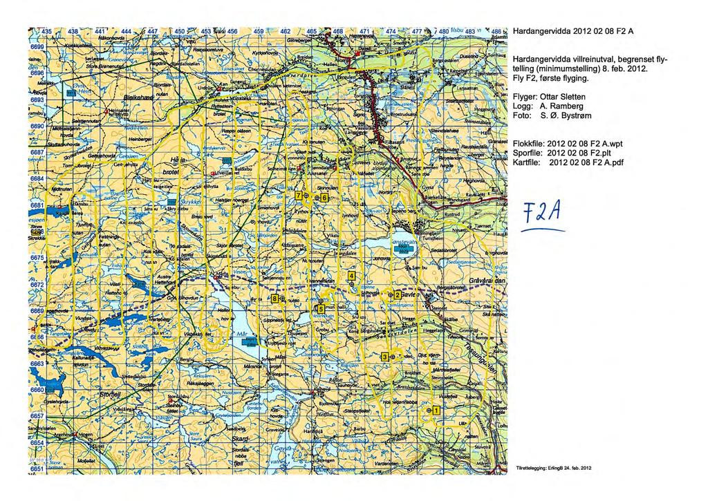 Hardangervidda 2012 02 08 F2 A Hardangervidda villreinutval, begrenset flytelling (minimumstelling) 8. feb. 2012. Fly F2, første flyging. Flyger: Ottar Sletten Logg: A.