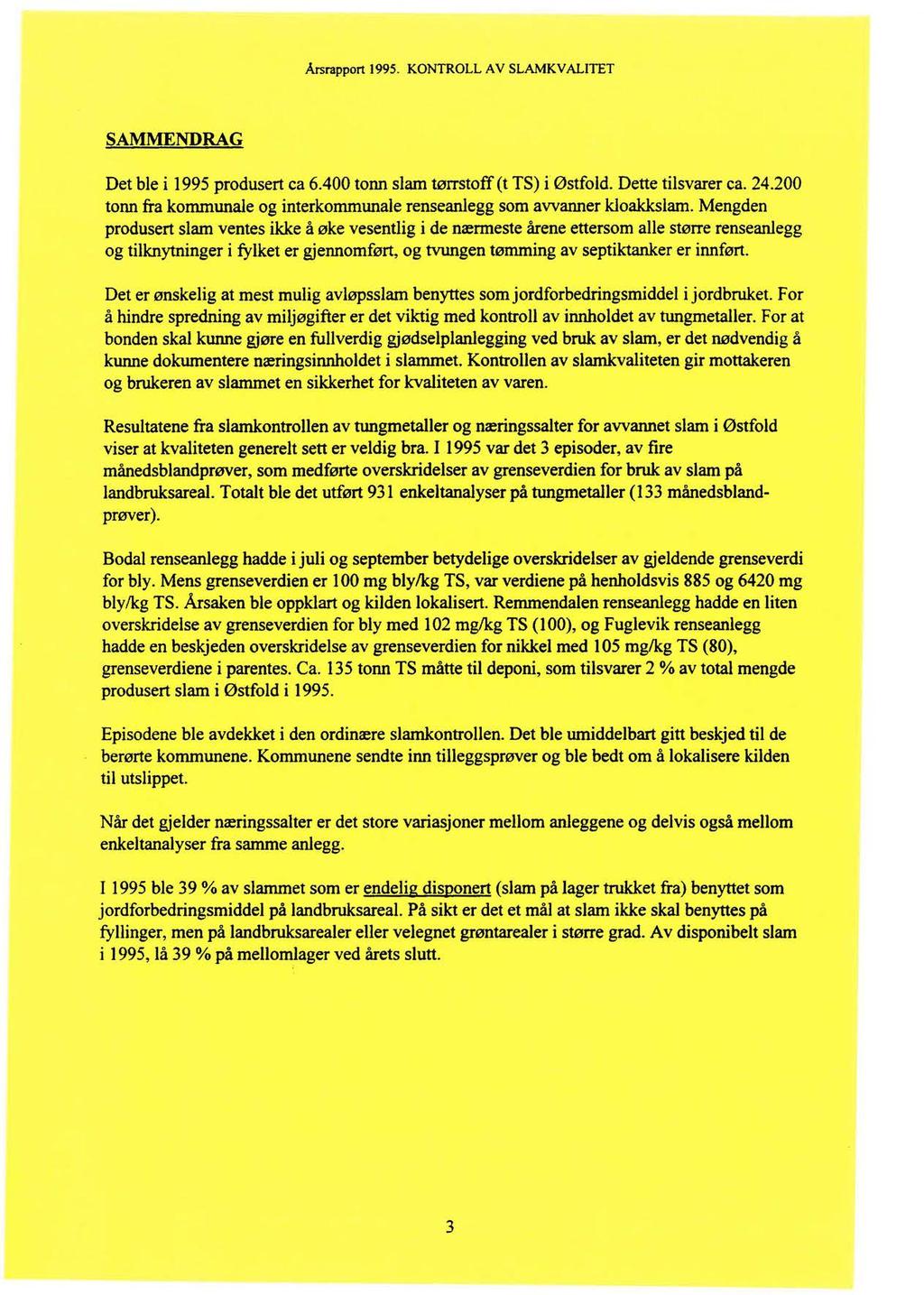 Årsrapport 1995. KONTROLL AV SLAMKVALITET SAMMENDRAG Det ble i 1995 produsert ca 6.400 tonn slam tørrstoff (t TS) i Østfold. Dette tilsvarer ca. 24.