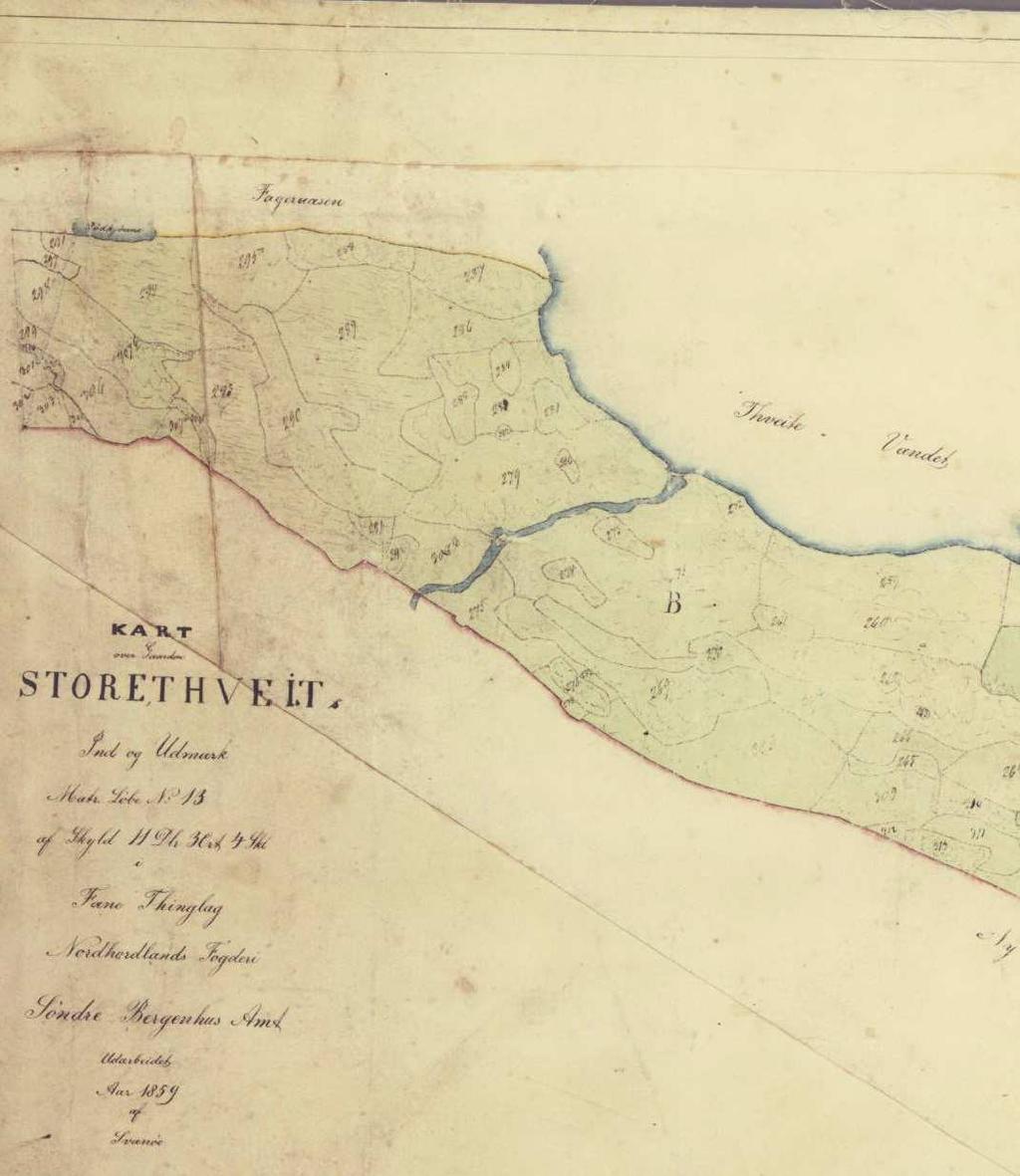 Skiftekart over Storetveit gård (gnr 13 i Fana) fra 1859 Kartetutsnitttet viser Wergeland før utskiftingen av bruket i 1863.