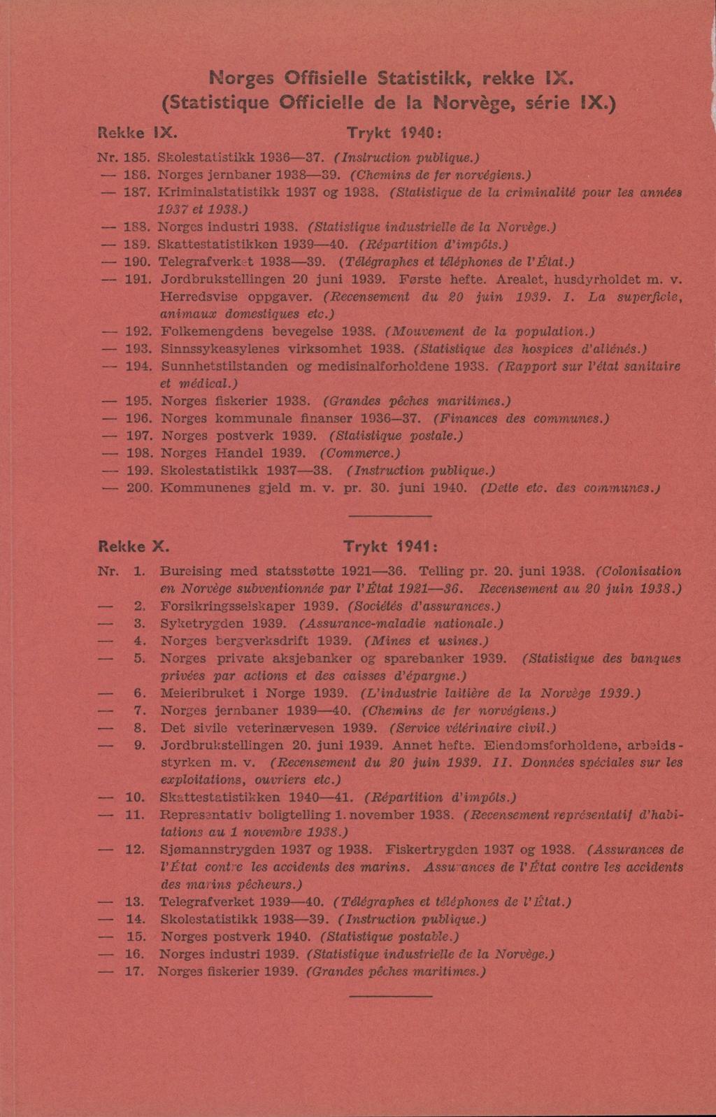 Norges Offisielle Statistikk, rekke IX. (Statistique Officielle de la Norvège, série IX.) Rek k e IX. Trykt 1940: Nr. 185. Skolestatistikk 1036-37. (Instruction publique.) - 186.