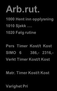 1020 Følg rutine Pers Timer Kost/t Kost SIMO 6 386,- 2316,- Verkt Timer Kost/t Kost