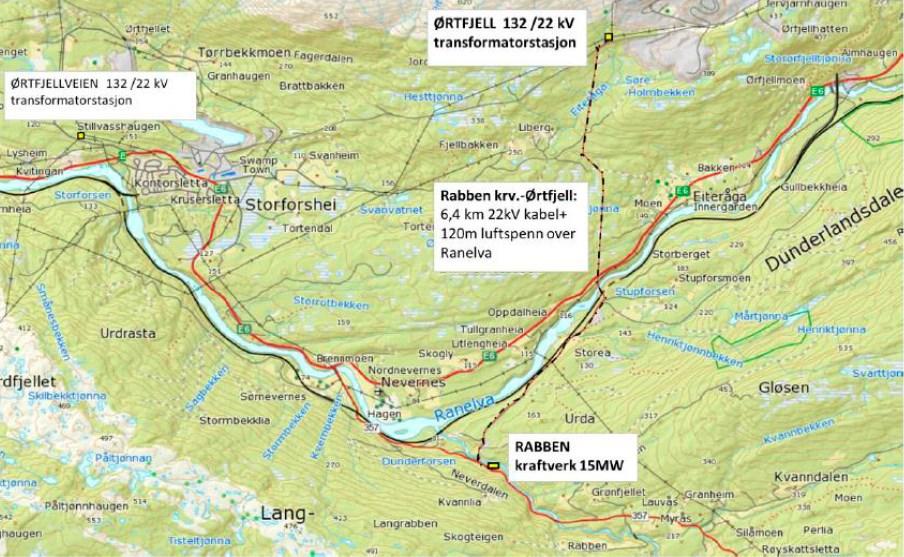 Side 5 Kart 2: Kart over omsøkte jordkabeltrasé, Ørtfjell og Ørtfjellveien transformatorstasjon. Kilde: Miljøkraft Nordland, 2015.