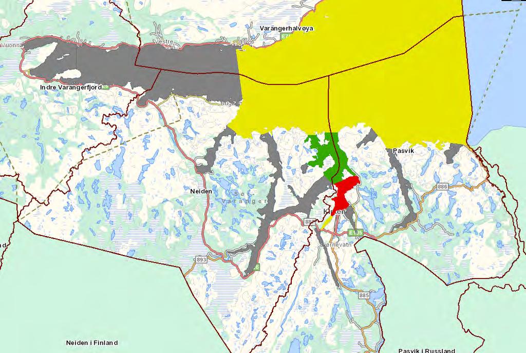 Økologisk tilstand i kystvann, Sør-Varangers vannområder. Blå = Svært god, Grønn = god Gul = Moderat Orange = Dårli, Rød = Svært dårlig Grå = Udefinert Kilde: http://vann-nett.nve.