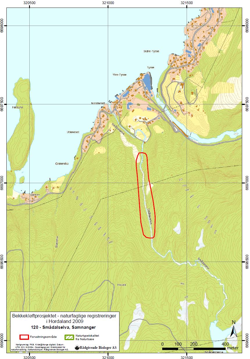 Figur 6. Kart over avgrenset forvaltningsområde for Smådalselva.