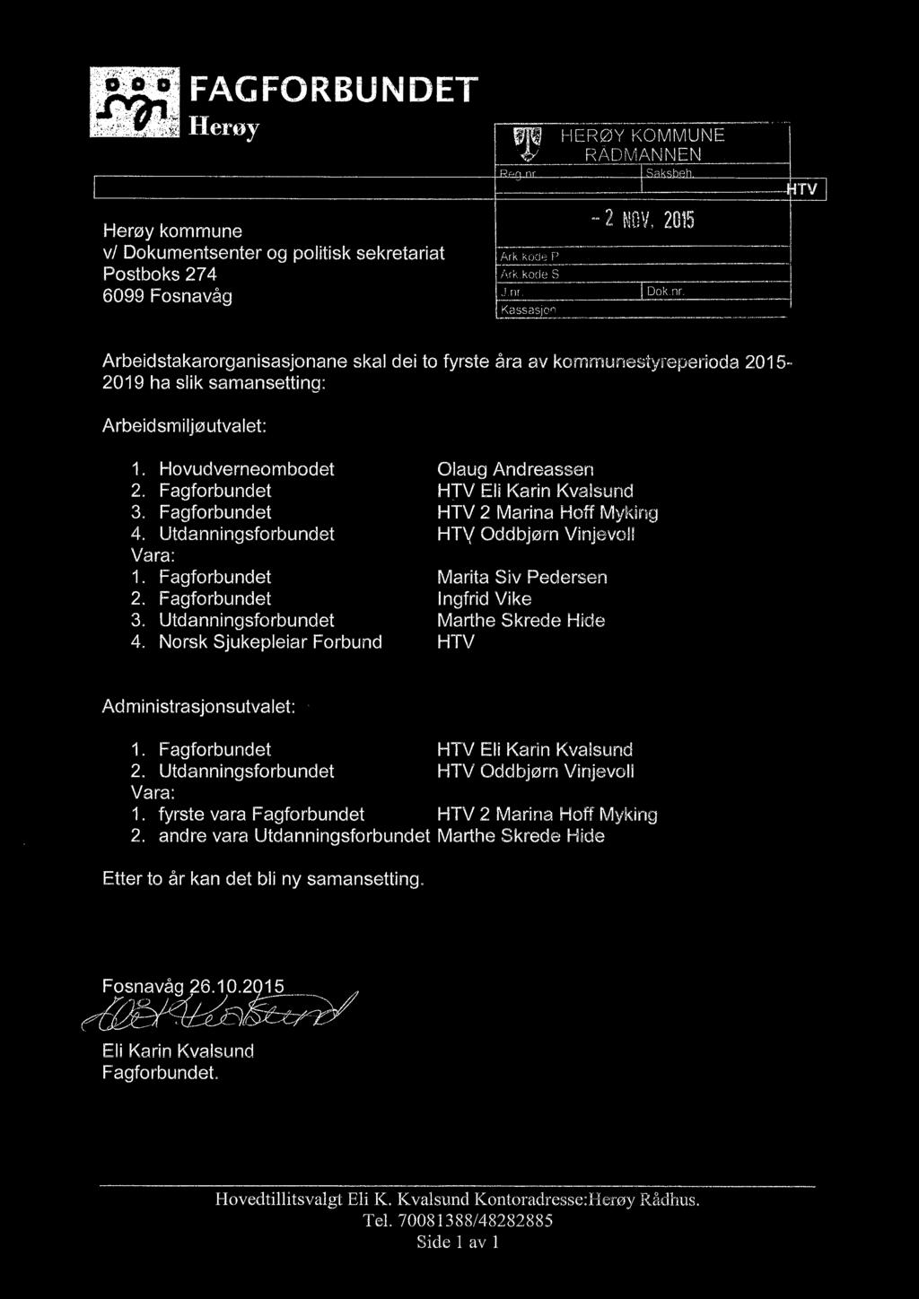 Oddbjørn Vinjevoll Marita Siv Pedersen I ngfrid Vike Marthe Skrede Hicle HTV Administrasjonsutvalet: Fagforbundet HTV Eli Karin Kvalsund Utdanningsforbundet HTV Oddbjørn