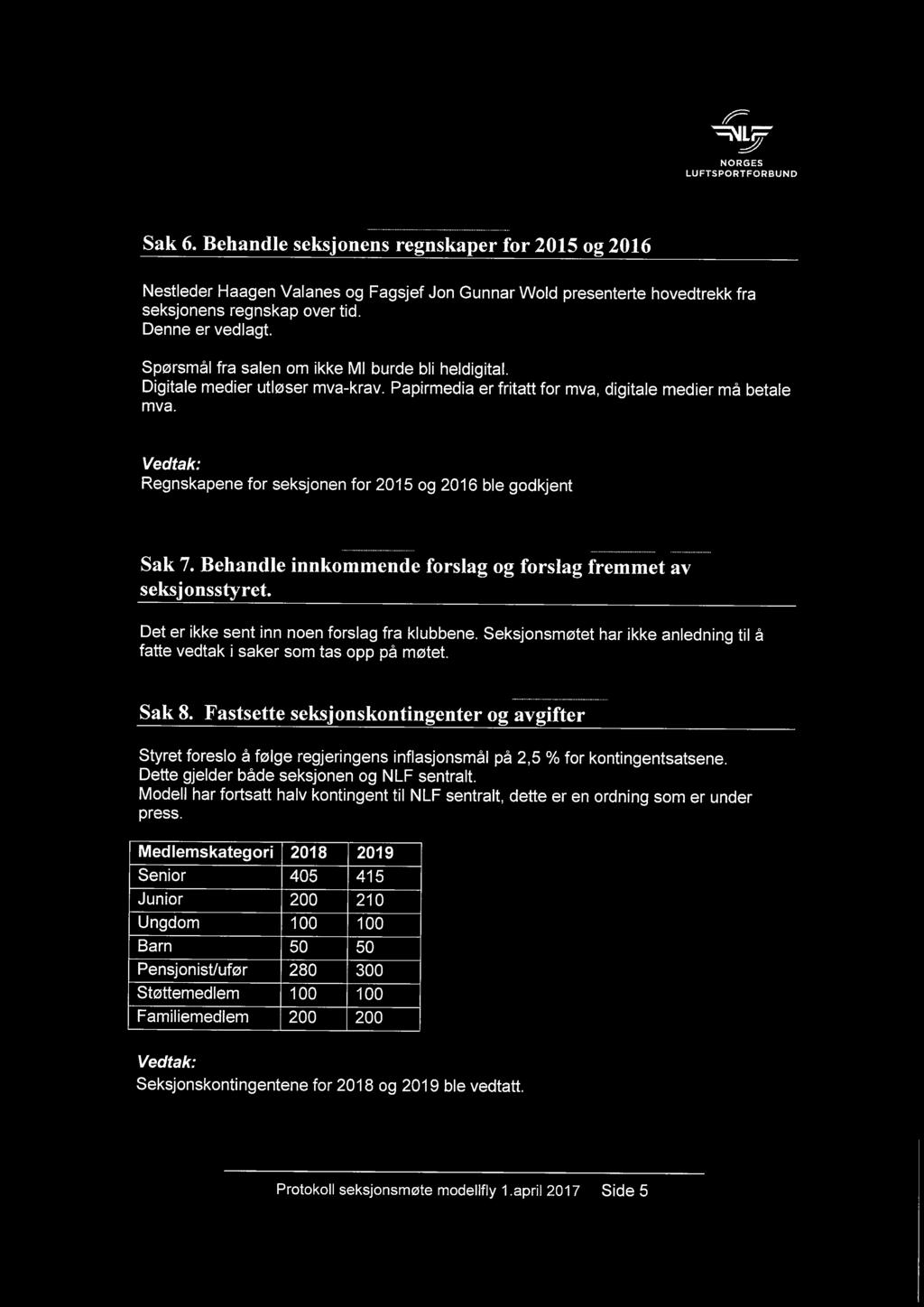 Regnskapene for seksjonen for 2015 og 2016 ble godkjent Sak 7. Behandle innkommende forslag og forslag fremmet av seksjonsstyret. Det er ikke sent inn noen forslag fra klubbene.