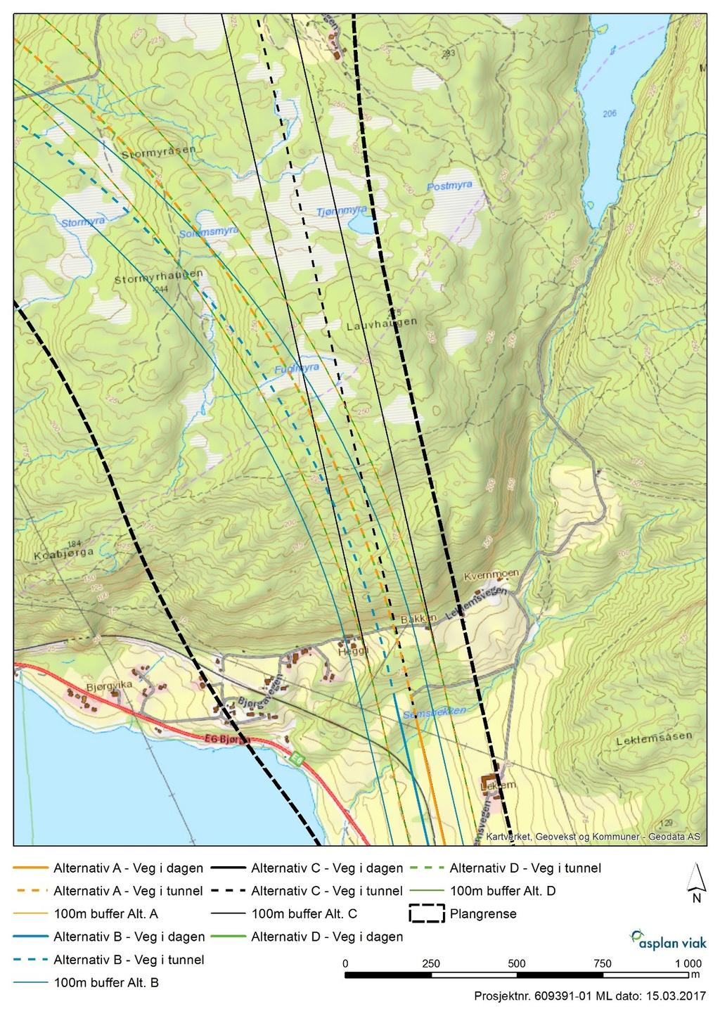 Figur 2. Ulike alternative traséer for ny E6 ved Bjørga i Verdal.