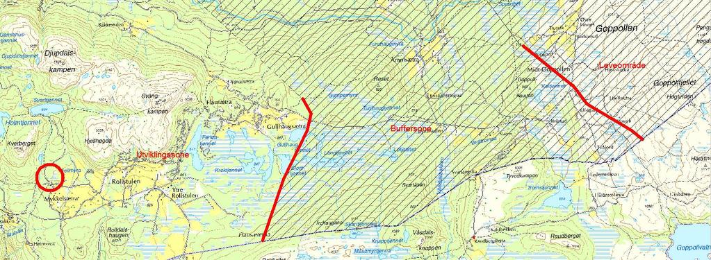 utviklingssone. I utviklingssonen skal det legges stor vekt på samfunnsmessig utvikling, som tar hensyn til villreinen.