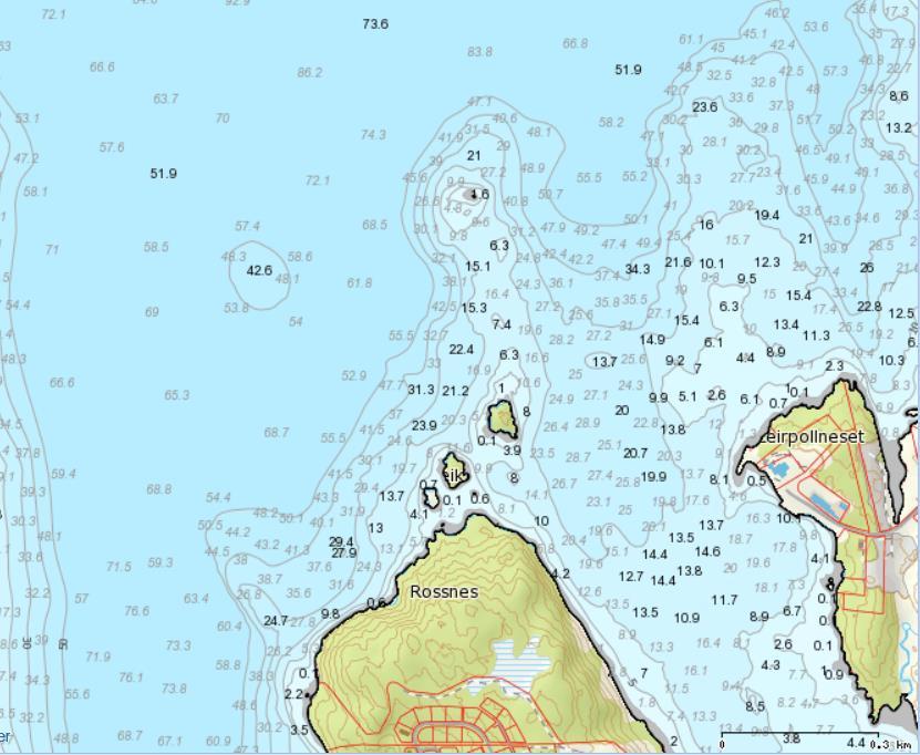 Sjøområdet i Breidvika er relativt grunt, med dybder ned mot 20 meter i midtre del, og ned mot 30 meter i overgangen mot Fitjarvika i nord (figur 3).