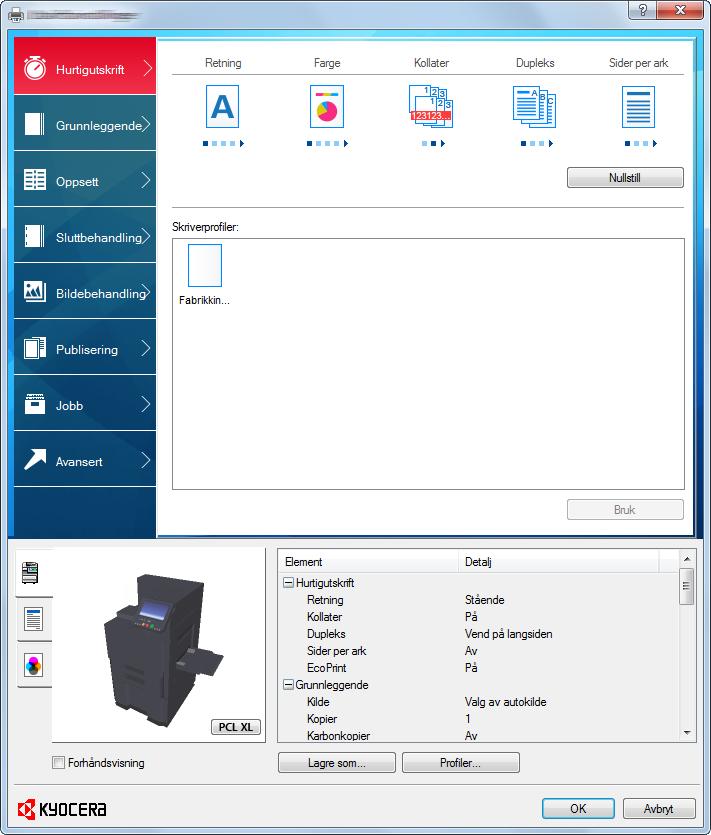 Utskrift fra PC > Skjerm for skriverdriverens utskriftsinnstillinger Skjermbildet for skriverdriverens utskriftsinnstillinger lar deg konfigurere en rekke utskriftsrelaterte innstillinger.