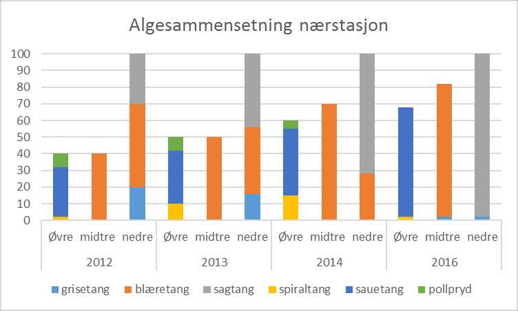 Figur 13. Algesammensetning over undersøkelsesårene 2012-2016 og deres omfang. Y-aksen representerer prosentandel dekke i rammeundersøkelsen og x-aksen representerer tid i år.