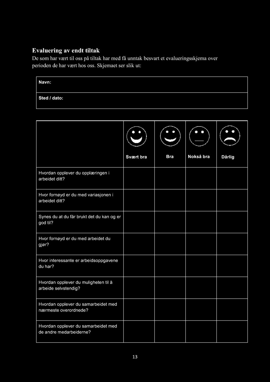 Evaluering av endt tiltak De som har vært til oss på tiltak har med få unntak besvart et evalueringsskjema over perioden de har vært hos oss.