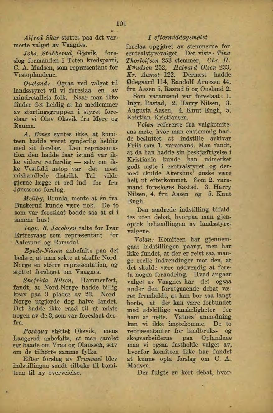 101 Alfred Skar strittet paa det varmeste valget av Vaagnes. Johs. Stuiierud, Gj^vik, foreslog formanden i Toten kredsparti, C. A. Madsen, som repræsentant for Vestoplandene.