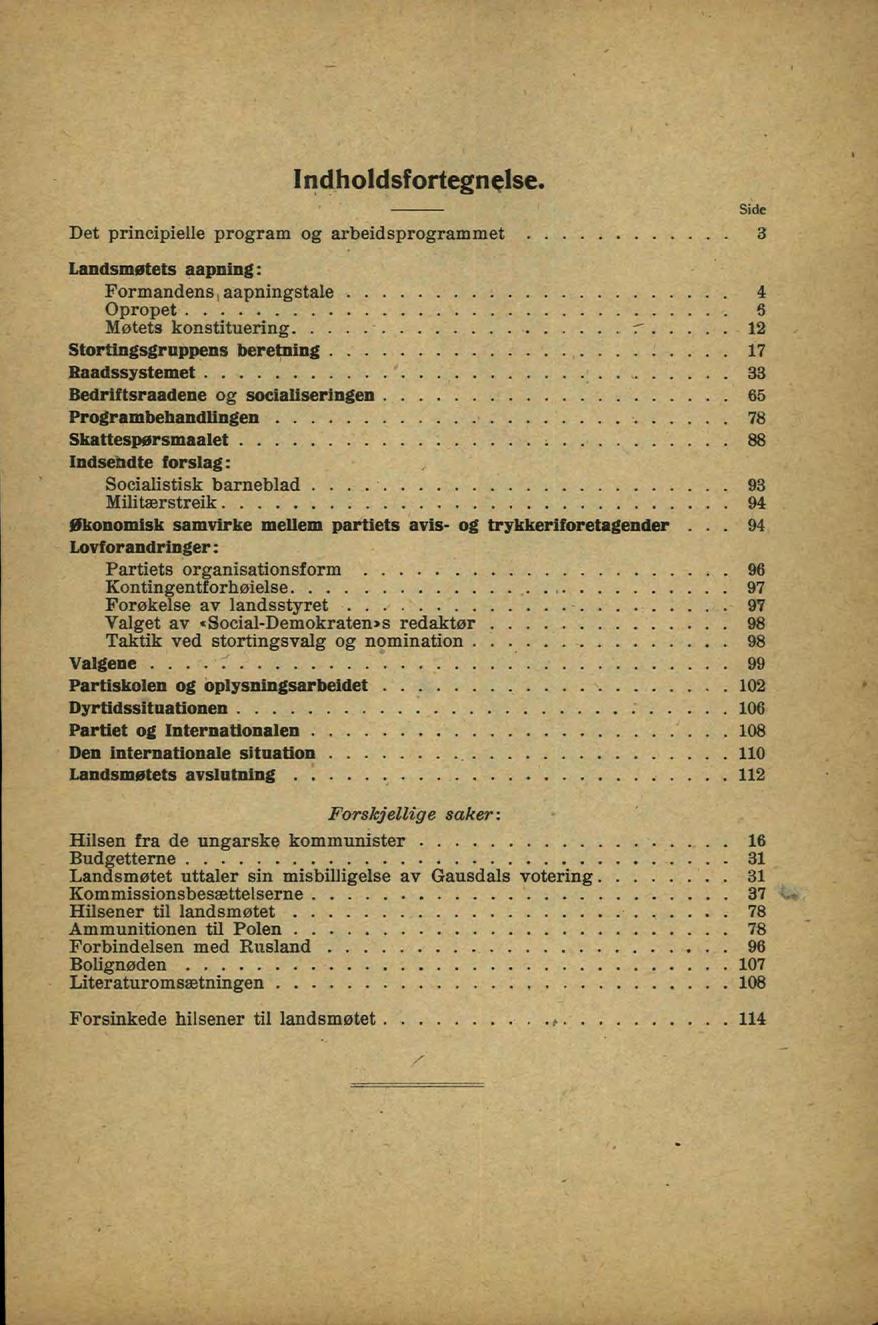 Indholdsfortegnelse. Side Det principielle program og arb eid sp ro g ram m et... 3 Landsmøtets aapnlng: Formandens, aapningstale... 4 O propet... 6 Møtets konstituering... r...12 Stortingsgruppens beretning.