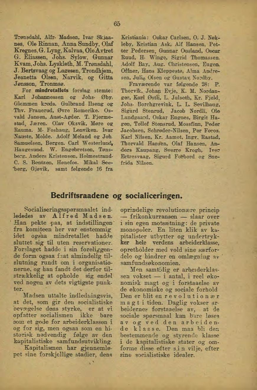 65 Ibøn&daM, Alfr- Madsen, Ivaa- Sk jaanes, Ole Rinnan, Anna Sundby, Olaf Kregnes, G. Lyng, Kalvaa, Ole Avtret G. Eliassen, Johs. Sylow, Grunnar Kvam, Johs. Lyskleth, M. Trønsdahl, J.