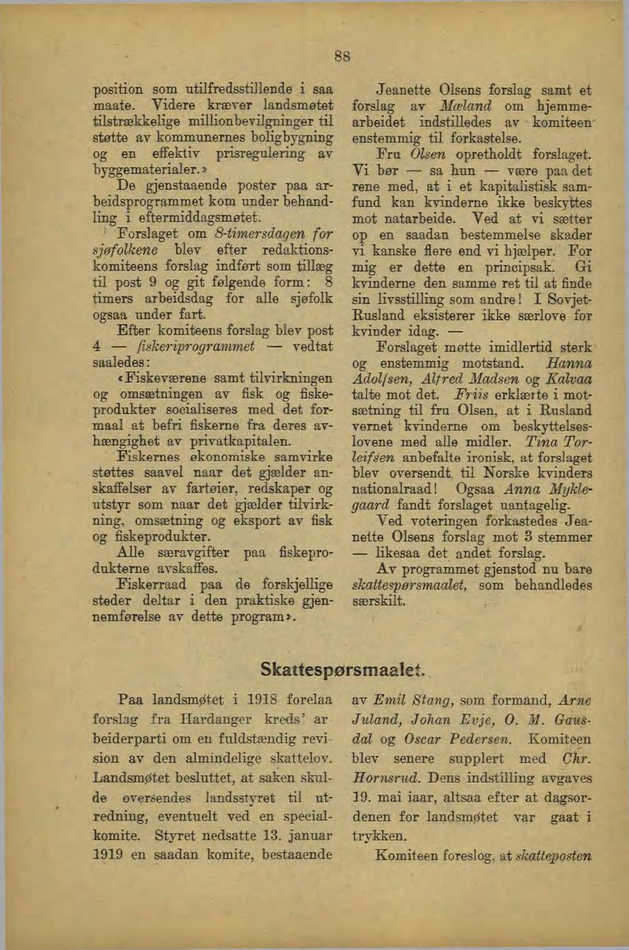 88 position som utilfredsstillende i saa maate. Videre kræver landsmøtet tilstrækkelige millionbevilgninger til støtte av kommunernes boligbygning og en effektiv prisregulering av byggematerialer.