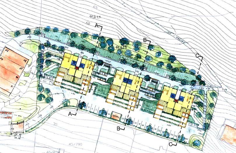 Planforslaget legger opp til 3 frittliggende terrasseblokker med tilhørende utearealer, dvs felles adkomstveg/parkering, grøntområde, småbarneslekeplasser, kjørbar gangvei samt del av eksisterende