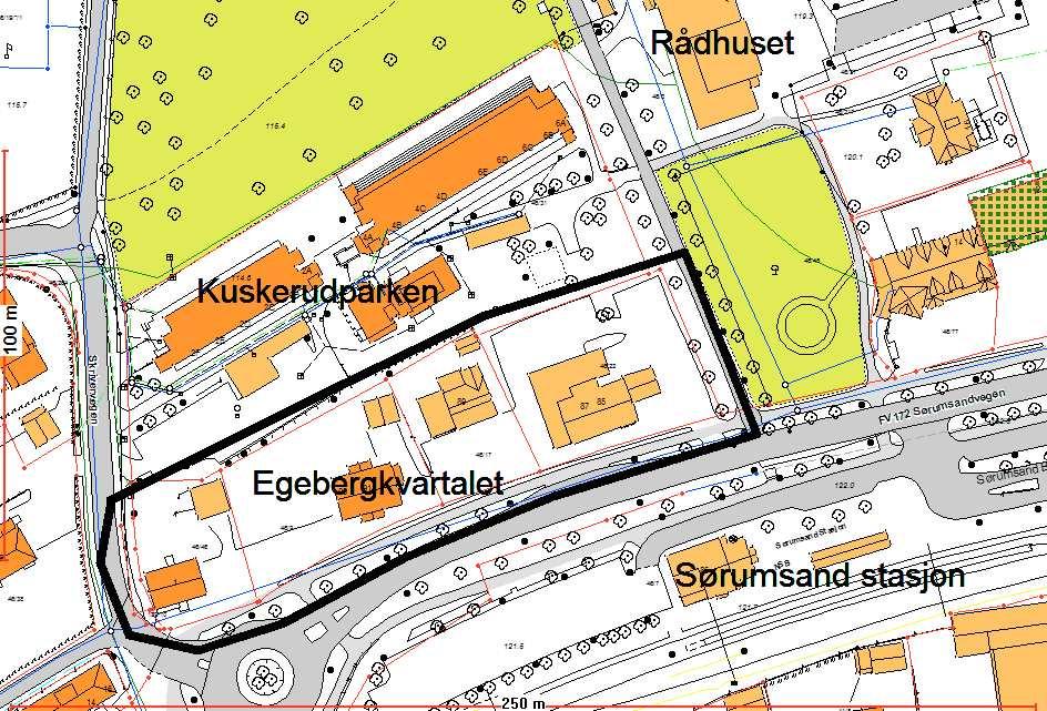 2 Oppsummering: Det foreligger et planforslag for Egebergkvartalet på Sørumsand. Forslaget omfatter 3 leilighetsbygg, med 4 til 6 etasjer over en felles parkeringskjeller. 1.