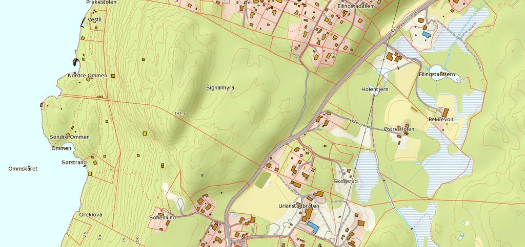 8 2 NATURFORHOLD OG VERDIVURDERING Figur 2 viser et utsnitt av Nesodden kommune og planområdet ligger langs og øst for