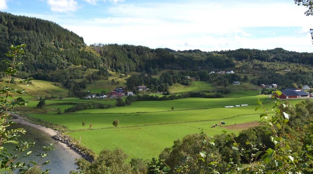 Gjelsvikelva med kantvegetasjon midt i bildet, foran garden Nordre Gjelsvik. Garden Gjelsvika i høgre bildekant.