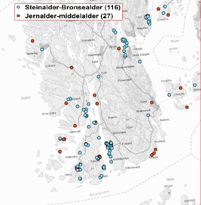 Side 5/7 Datering arkeologi Sund (blå-steinalder, rød Type fornminne i Sund kommune Antall av Radetiketter KulturminneID Aktivitetsområde 24 Boplass 71 Brønn-vannpost 1 Båtstø 14 Heller 5