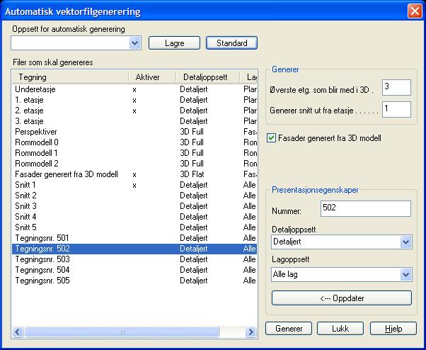 Legg merke til at øverst til høyre er det inngitt at snittet er satt inn i 1. etasje. De enkelte filene har fått forslag til detaljoppsett. Utfør generering ved å klikke på Generer.