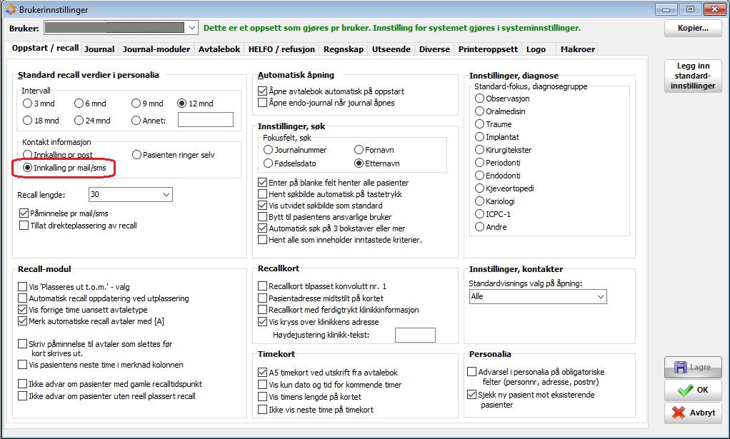 UD-16.028 RECALL: INNSTILLINGER FOR PASIENTS RECALL I brukerinnstillinger kan man sette opp at pasienten skal kalles inn automatisk via post. Alle nye brukere får da denne innstillingen.