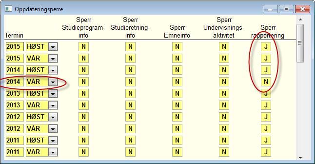 Oppdateringssperre Kolonner for oppdateringssperre (bilde i modul Semesterregistrering): Om det skal sperres mot generering av datagrunnlag for DBHrapporter ved generering for hhv