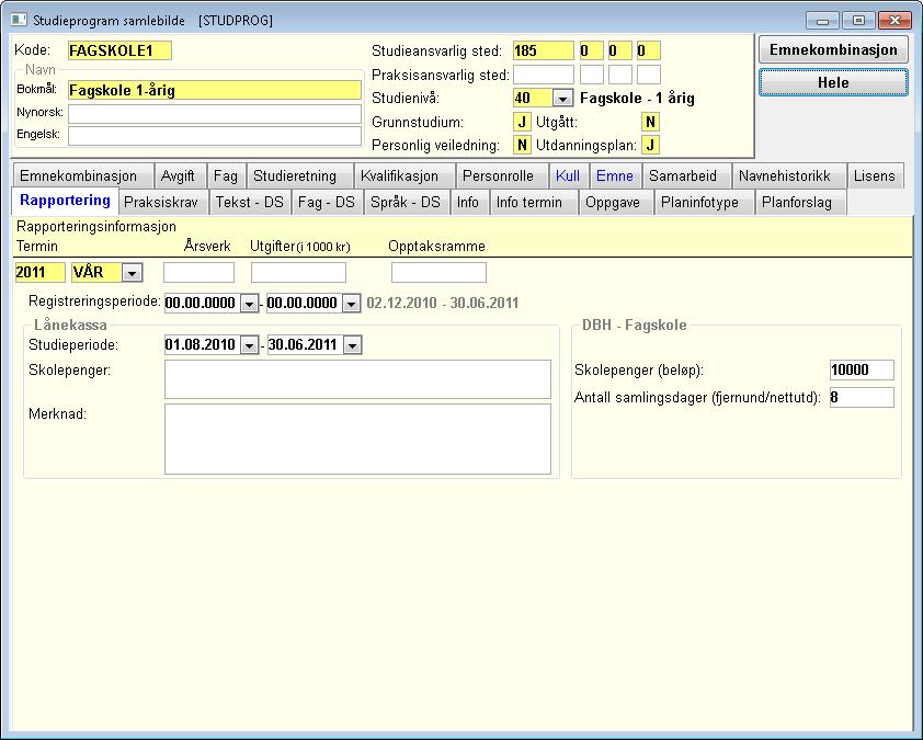Lånekassa - Studieprogram Benytter i utgangspunktet verdier som er registrert i bildet semesterregistrering for termin og periode.