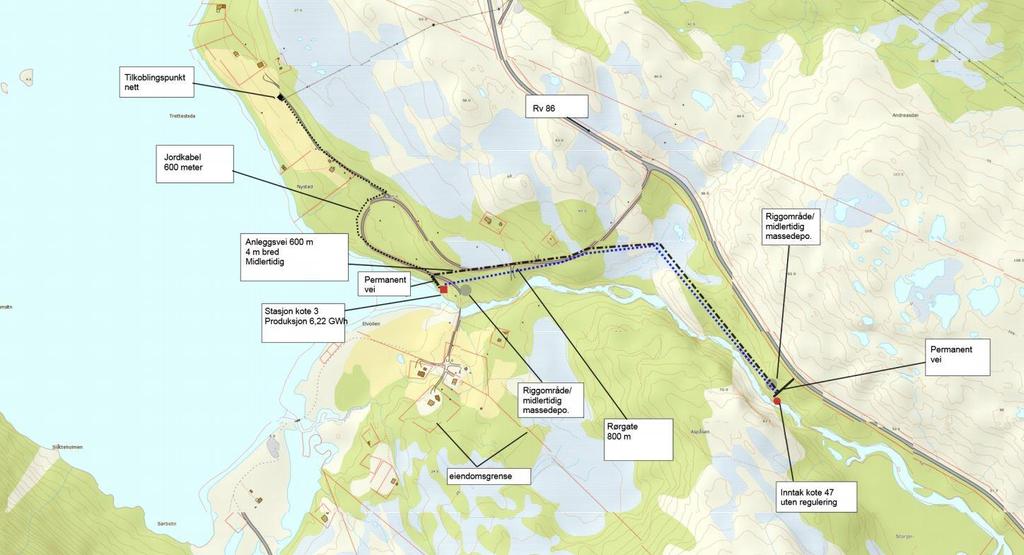 størrelse på bare 0,4 km 2. Det er imidlertid planlagt en minstevannføring på 85 l/s hele året, som tilsvarer alminnelig lavvannføring. Det monteres en innretning for overvåking av minstevannsslipp.