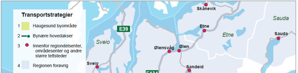 13 2 GJELDENDE PLANER OG RETNINGSLINJER 2.1 Regionalplan for areal og transport på Haugalandet Planen er under revisjon og var på høring januar-mars 2015.