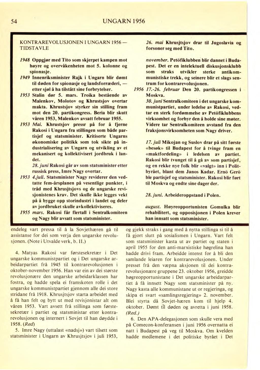 54 UNGARN 1956 KONTRAREVOLUSJONEN I UNGARN 1956 TIDSTAVLE 1948 Oppgjør med Tito som skjerpet kampen mot høyre og overvåkenheten mot 5. kolonne og spionasje.