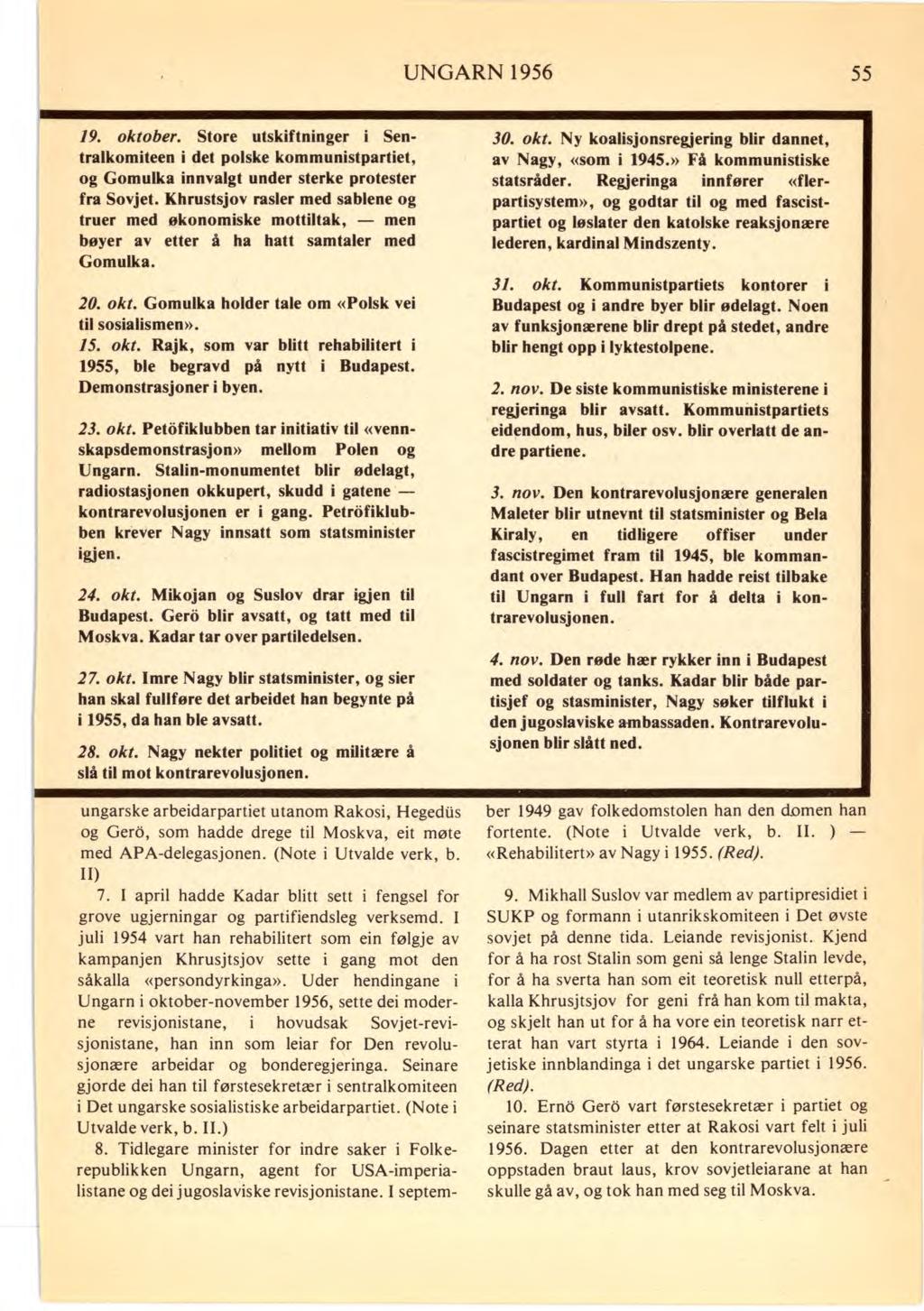 UNGARN 1956 55 oktober. Store utskiftninger i Sentralkomiteen i det polske kommunistpartiet, og Gomulka innvalgt under sterke protester fra Sovjet.