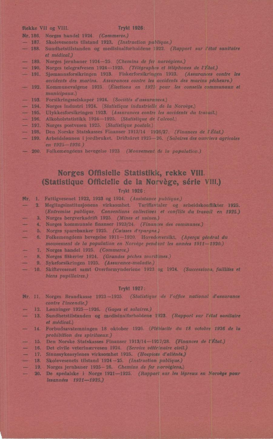 Rekke VII og VIII. Trykt 1926: Nr. 186. Norges handel 1924 (Commerce.) 187. Skolevesenets tilstand 1923. (Instruction publique.) 188. Sundhetstilstanden og medisinalforholdene 1922.