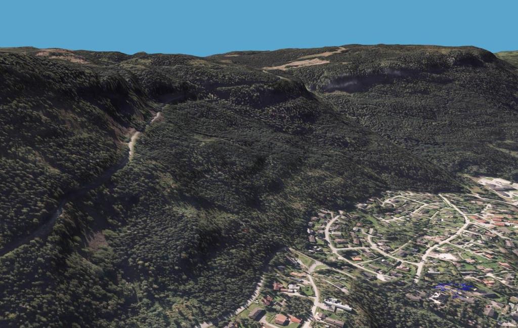 Topografi Figur 4: Skråningen sett fra nord i Norge i 3D. Skråningen som reguleringsområdet ligger i er noe kupert og stiger gradvis fra Tyrifjorden ved Sundvollen og opp til drøye 400 moh.