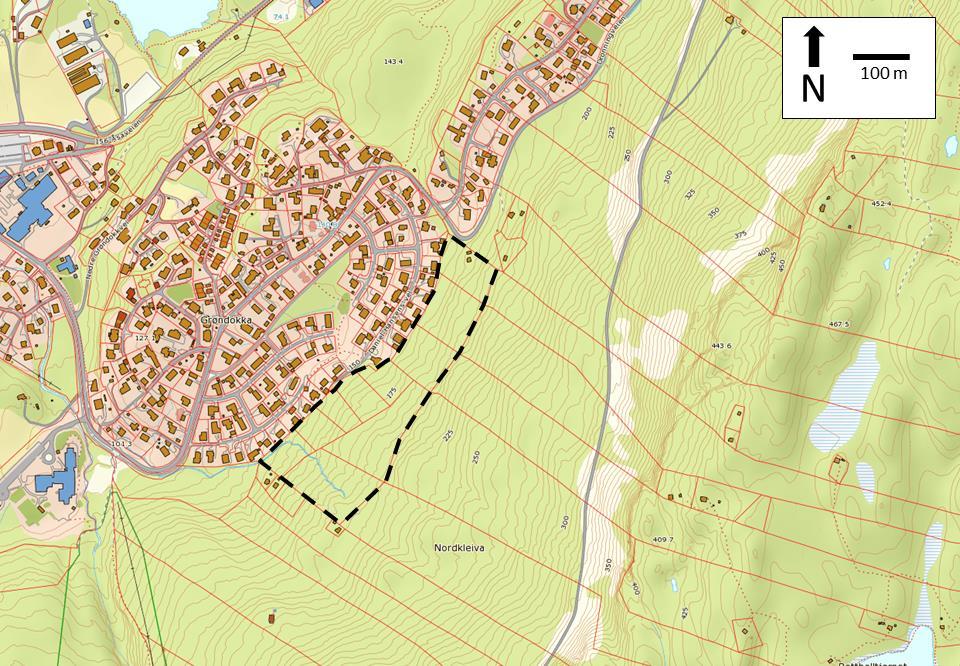 Beskrivelser Figur 7: Oversiktskart over hele skråningen over reguleringsområdet. Området er befart til fots og ved bil (i øvre deler) av skråningen.