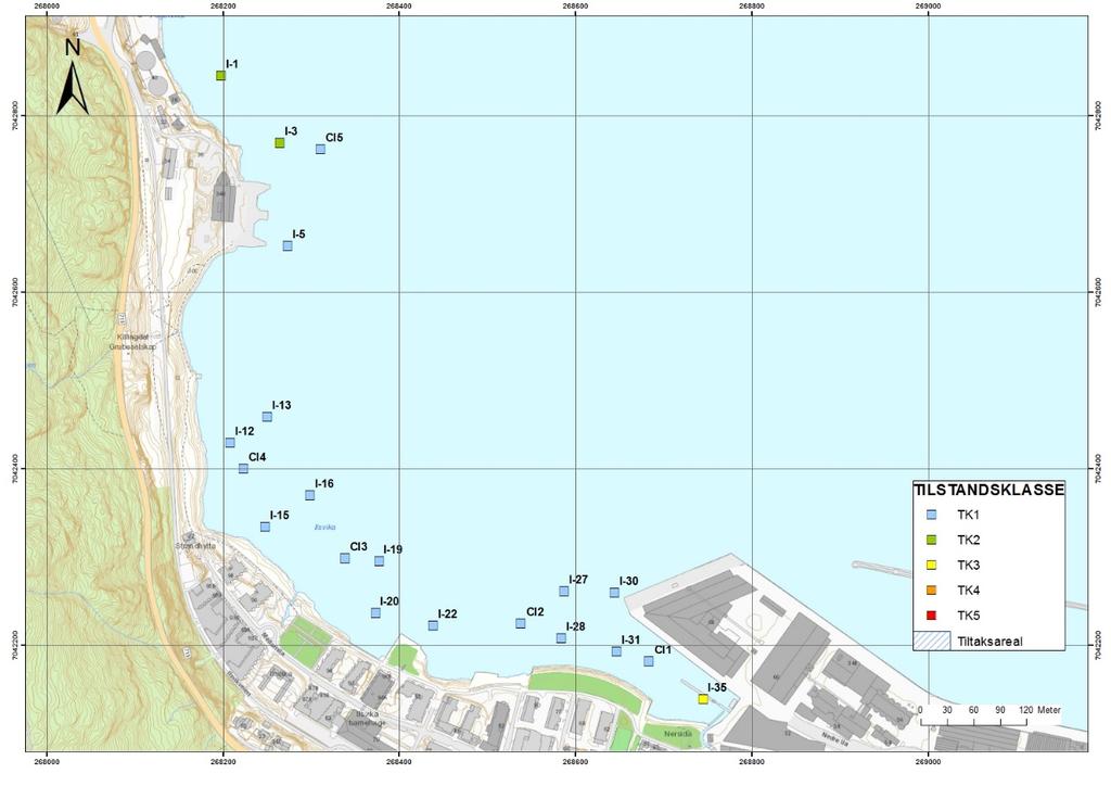 Dokumentnr.: 20130339-20-R Dato: 2016-11-07 Rev.nr.: 2 Side: 36 Figur 17 Plassering av grabbpunkter ved prøvetaking av tildekkingslag i Ilsvika.