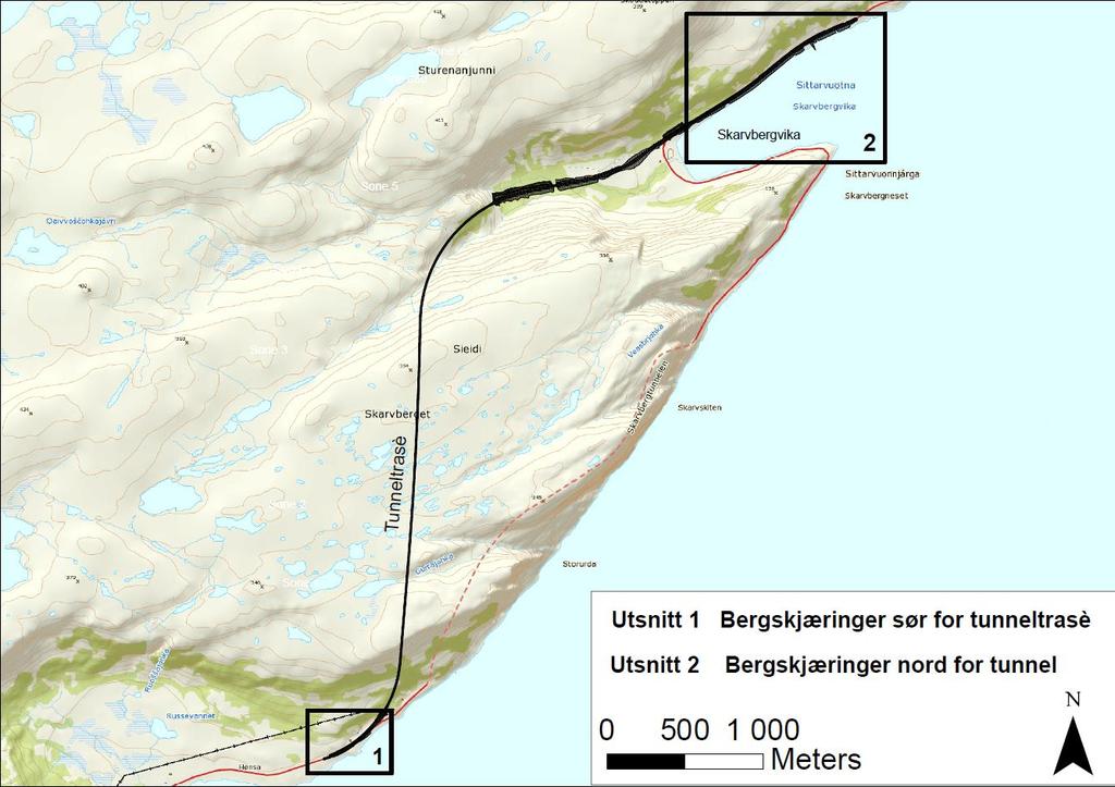 1 INNLEDNING 1.1 Bakgrunn Statens vegvesen planlegger ny trasé for Ev69 mellom Hønsa og Skarvbergvika, med 3150 m ny veg i dagen og 3462 m lang tunnel (figur 1).